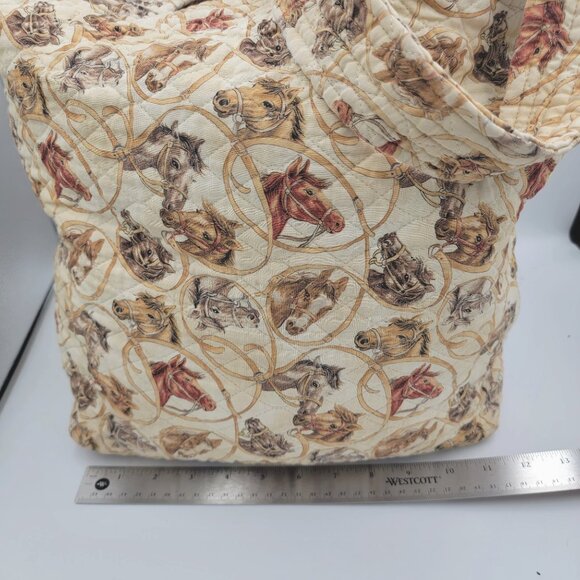 Vtg Quilted Horse Print Tote Bag With Reversible Interior Red Rope Pattern - Picture 8 of 16